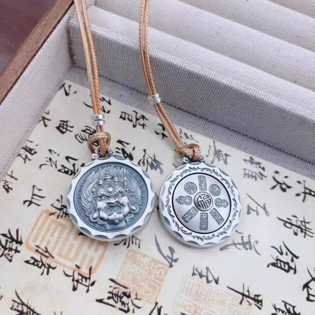 Tibetan Black Wealth God Rotating Mantra Pendant | Antique Silver Protection Amulet Necklace