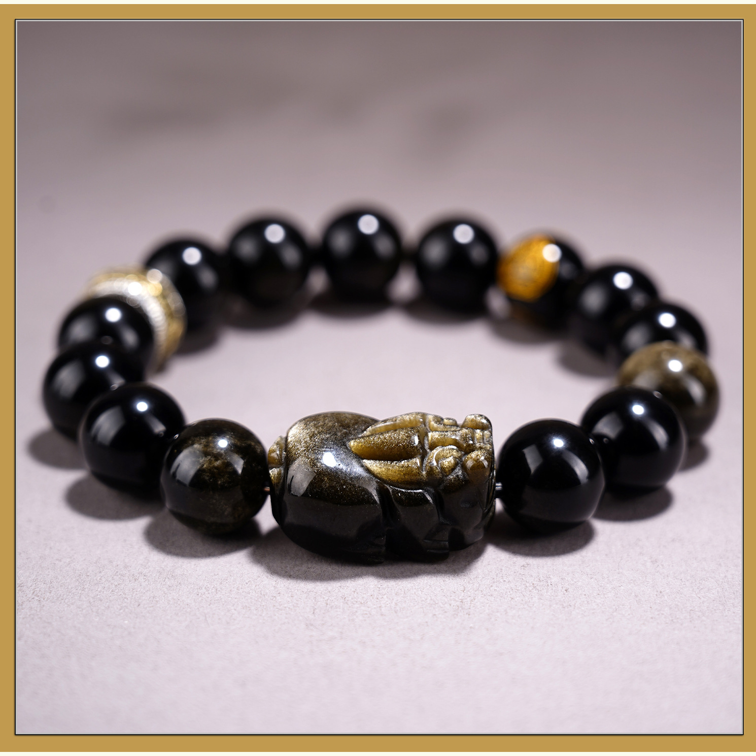 Natural Golden Obsidian Pixiu & Zodiac Buddha Bracelet | Men Women Round Bead Healing Crystal Worry Jewelry