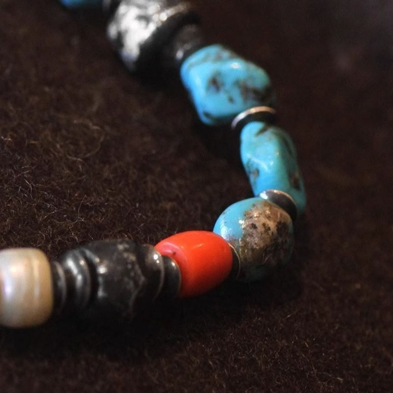 Vintage Natural Freeform Turquoise Multi-Bead Bracelet | Antique Sterling Silver OT Clasp Boho Ethnic Unisex Worry Jewelry