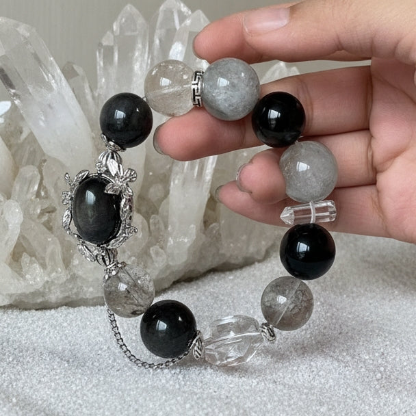 Dansenmonk Silver Sheen Obsidian  Blue Grey Rabbit Hair Quartz Bracelet  13mm Natural Crystal Beaded Bracelet  Dark Aesthetic Jewelry