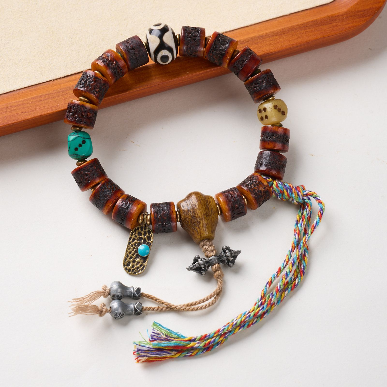 Vintage Tibetan Multi-Gem Ox Bone Dzi Bracelet | Antique Dzi Agate & Vajra Pendant Adjustable Tassel Unisex Ethnic Bead Jewelry