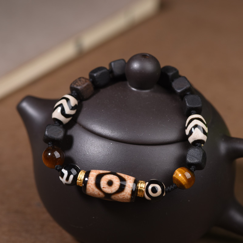 Adjustable Cord Vintage Tibetan Dzi Agate Bracelet | Multi-Pattern Natural Agate & Ebony Wood Unisex Ethnic Wrist Jewelry