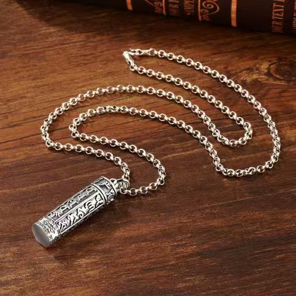 Leng Yan Mantra Openable Cylinder Pendant | Tibetan Silver Protection Amulet Necklace with Prayer Scroll