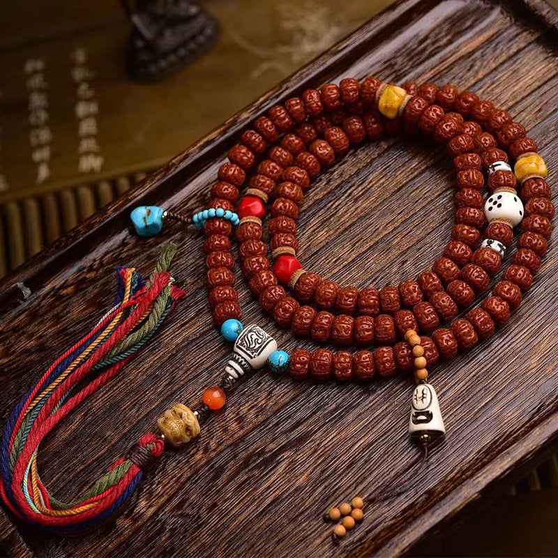 Dansenmonk Tibetan Double-Dragon 5-Petal Small Vajra Bodhi 108 Mala | Vintage Prayer Beads Necklace