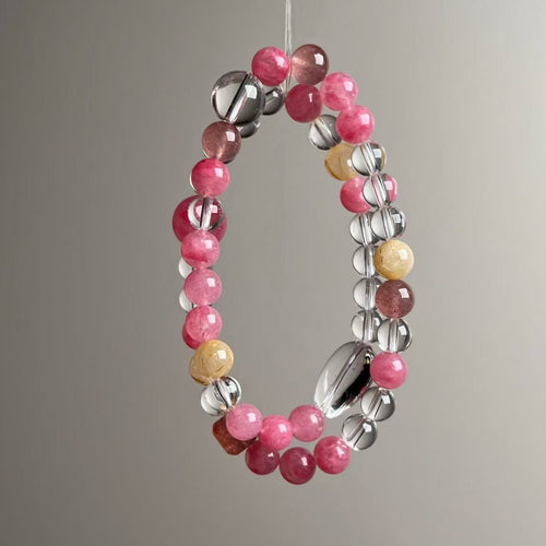 Double Strand Rhodonite Strawberry Quartz Crystal Bracelet - Front View