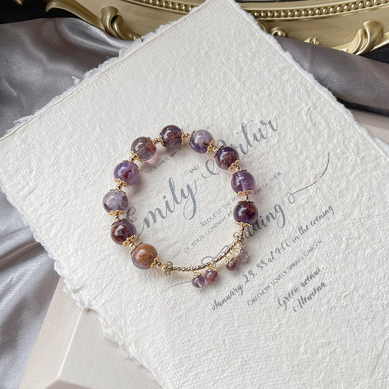 Dansenmonk Natural Purple Phantom Quartz Bracelet for Women | Luxury Crystal Beaded Bangle with Gold Charm
