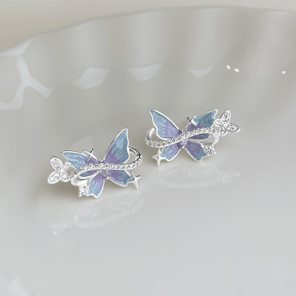 Dreamy Lavender Enamel Butterfly Stud Earrings, Gradient Paint Micro Pave Zircon Silver Needle Earrings, Dainty Purple Butterfly Jewelry for Women