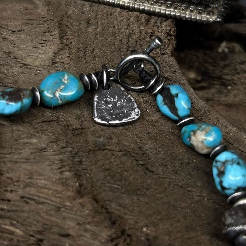 Vintage Natural Freeform Turquoise Multi-Bead Bracelet | Antique Sterling Silver OT Clasp Boho Ethnic Unisex Worry Jewelry