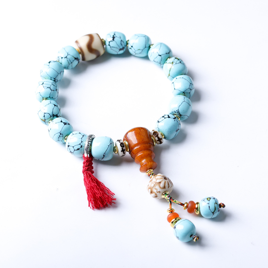 Vintage Tibetan Turquoise-Look Barrel Bead Bracelet | Dzi Agate & Skull Charm Tassel Unisex Ethnic Worry Bead Jewelry