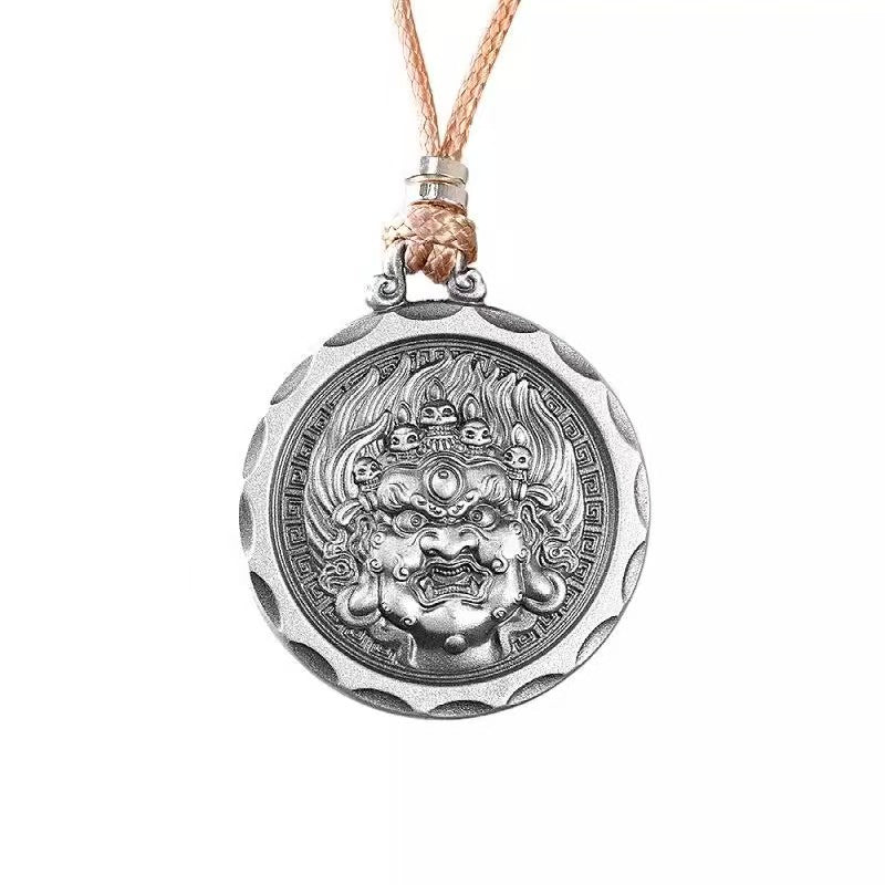 Tibetan Black Wealth God Rotating Mantra Pendant | Antique Silver Protection Amulet Necklace