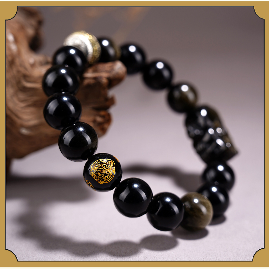 Natural Golden Obsidian Pixiu & Zodiac Buddha Bracelet | Men Women Round Bead Healing Crystal Worry Jewelry