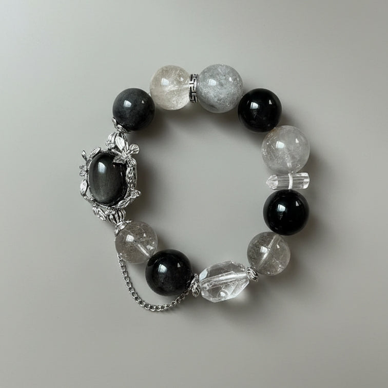 Dansenmonk Silver Sheen Obsidian  Blue Grey Rabbit Hair Quartz Bracelet  13mm Natural Crystal Beaded Bracelet  Dark Aesthetic Jewelry