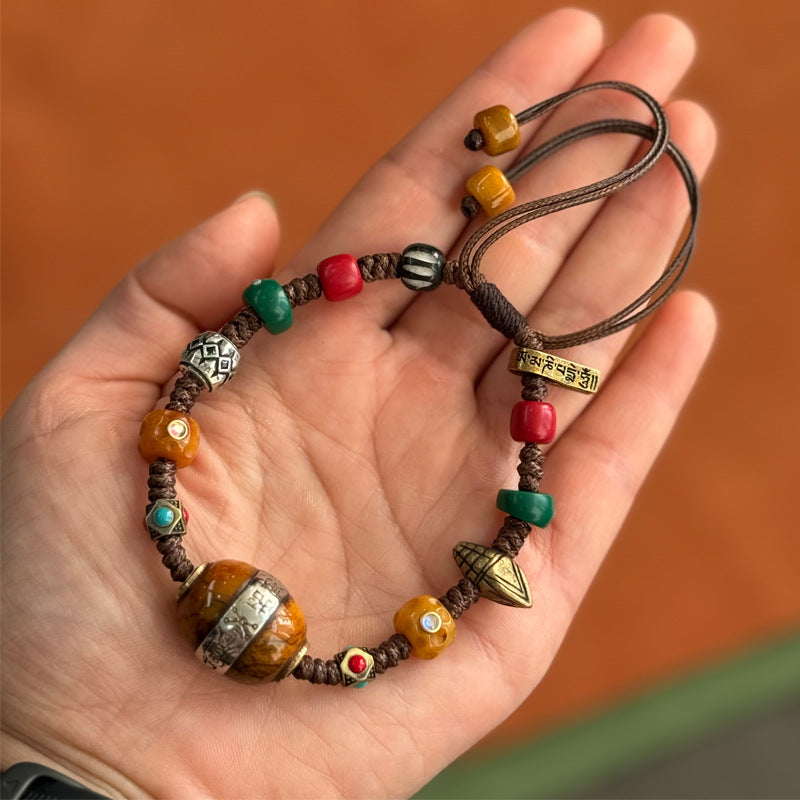 Tibetan returned bone multi-gem bracelet with dzi bead and liuli glass