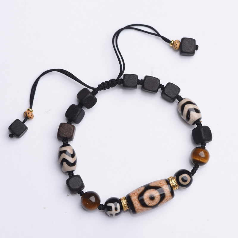 Adjustable Cord Vintage Tibetan Dzi Agate Bracelet | Multi-Pattern Natural Agate & Ebony Wood Unisex Ethnic Wrist Jewelry