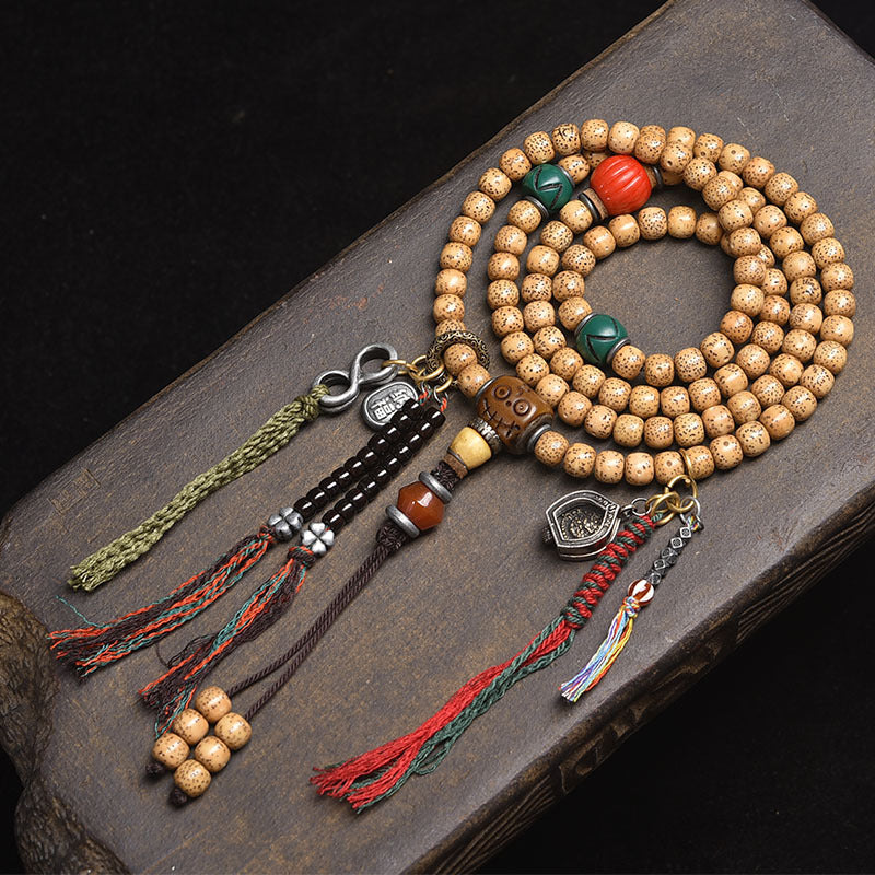 Dansenmonk Tibetan Butter Yellow Star Moon Bodhi 108 Mala | Ethnic Prayer Bead Necklace Bracelet