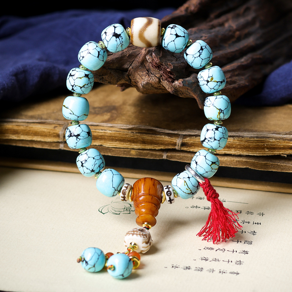 Vintage Tibetan Turquoise-Look Barrel Bead Bracelet | Dzi Agate & Skull Charm Tassel Unisex Ethnic Worry Bead Jewelry