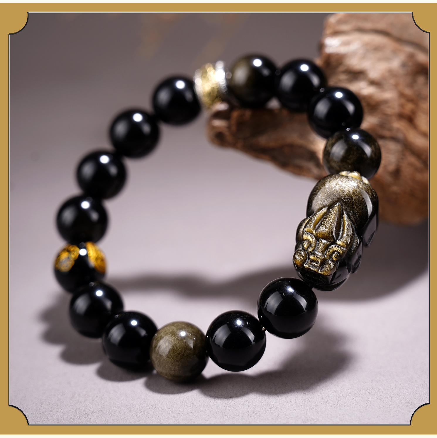 Natural Golden Obsidian Pixiu & Zodiac Buddha Bracelet | Men Women Round Bead Healing Crystal Worry Jewelry