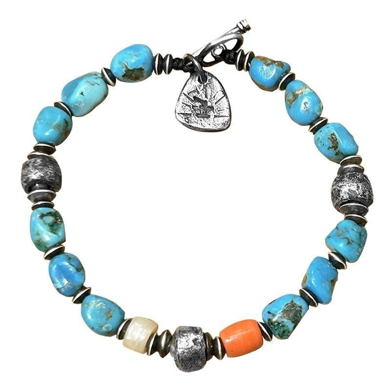 Vintage Natural Freeform Turquoise Multi-Bead Bracelet | Antique Sterling Silver OT Clasp Boho Ethnic Unisex Worry Jewelry