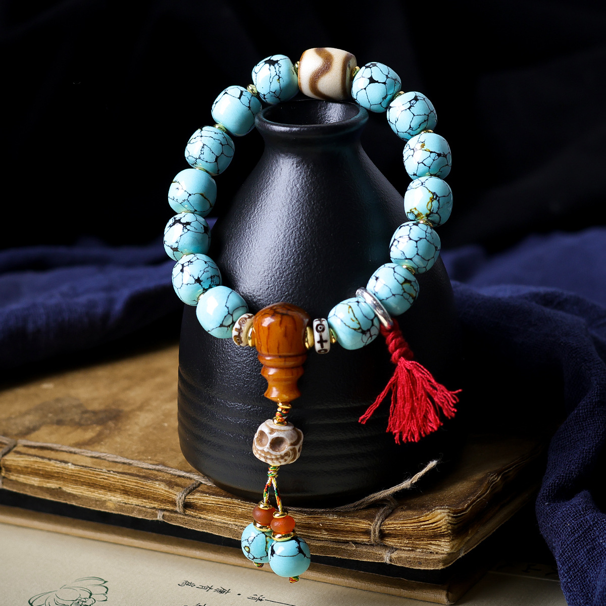 Vintage Tibetan Turquoise-Look Barrel Bead Bracelet | Dzi Agate & Skull Charm Tassel Unisex Ethnic Worry Bead Jewelry