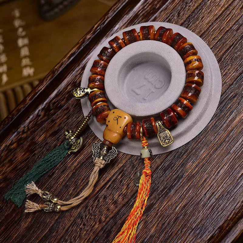 Tibetan Vintage Yak Bone Mala Bracelet  Aged Barrel Bead Prayer Beads with Bone Guru Bead & Brass Charms