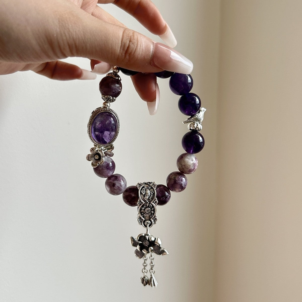 Dansenmonk Vintage Amethyst Lepidolite Bracelet Natural Purple Crystal Nine Purple Fire Luck Healing Beaded Bracelet with Antique Copper Charms Calming Spiritual Gift for Women