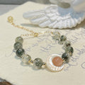 Dansenmonk Natural Green Phantom Golden Rutilated Quartz Bracelet with Orange Moonstone 14k Gold-Filled Moon Shell Charm Bracelet
