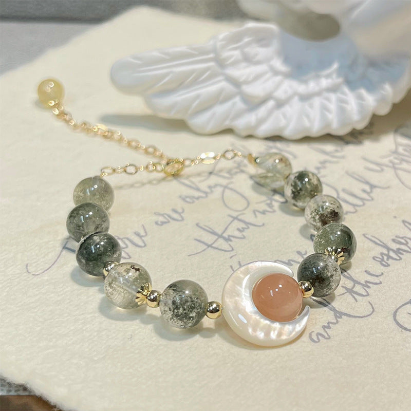 Dansenmonk Natural Green Phantom Golden Rutilated Quartz Bracelet with Orange Moonstone 14k Gold-Filled Moon Shell Charm Bracelet