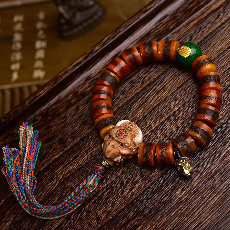 Tibetan Vintage Yak Bone Single Loop Mala Bracelet, Aged Reclaimed Bone Disc Beads, Garuda Carved Guru Bead with Ethnic Tassel