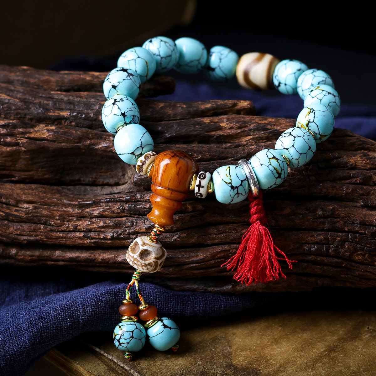 Vintage Tibetan Turquoise-Look Barrel Bead Bracelet | Dzi Agate & Skull Charm Tassel Unisex Ethnic Worry Bead Jewelry