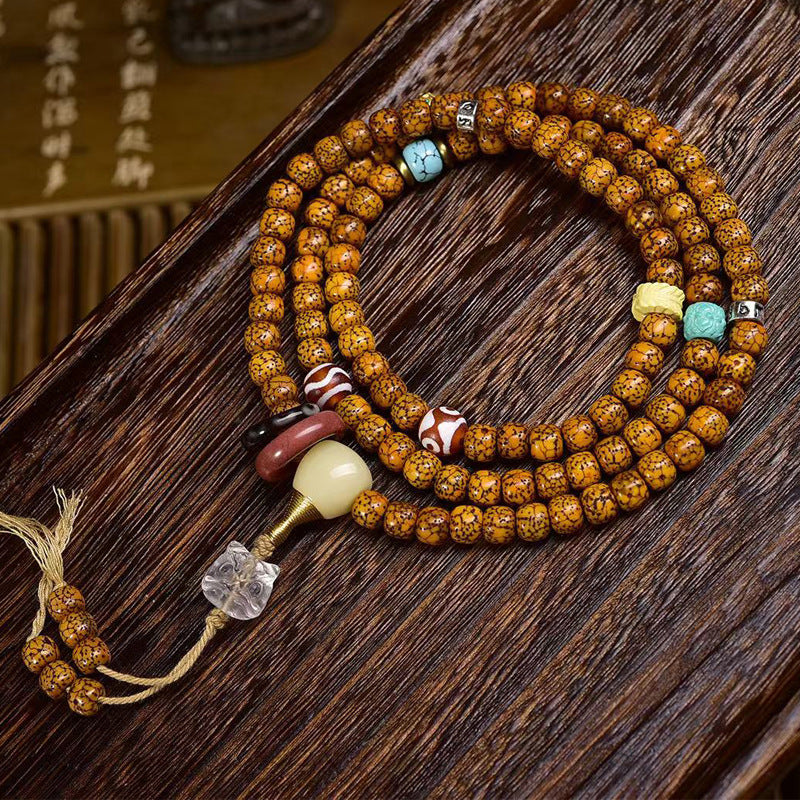 Dansenmonk Vintage Natural Hainan Star Moon Bodhi 108 Mala Bracelet with Agate & Turquoise Charms