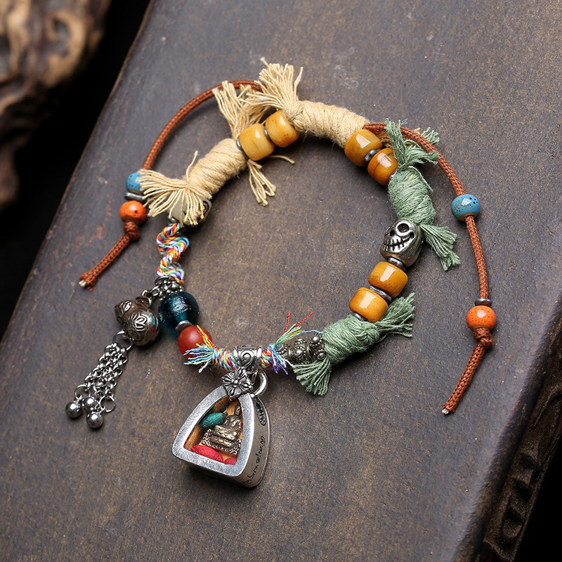 Dansenmonk Tibetan Hand-Woven Medicine Buddha Ghau Box Bracelet Vintage Ethnic Talisman for Healing Protection