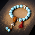 Vintage Tibetan Turquoise-Look Barrel Bead Bracelet | Dzi Agate & Skull Charm Tassel Unisex Ethnic Worry Bead Jewelry