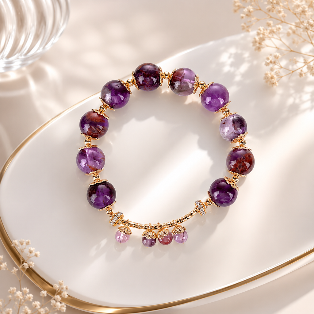 Dansenmonk Natural Purple Phantom Quartz Bracelet for Women | Luxury Crystal Beaded Bangle with Gold Charm