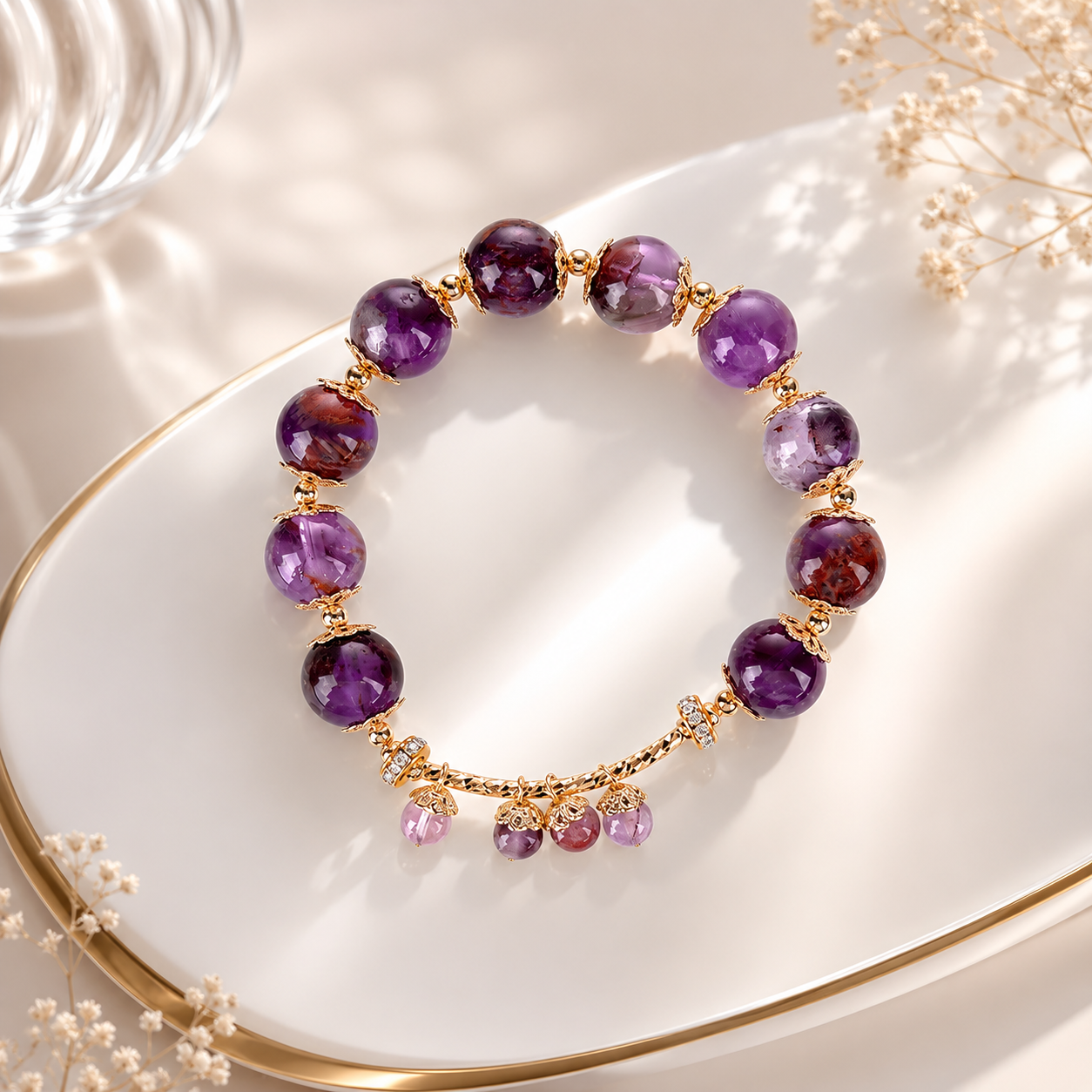 Dansenmonk Natural Purple Phantom Quartz Bracelet for Women | Luxury Crystal Beaded Bangle with Gold Charm