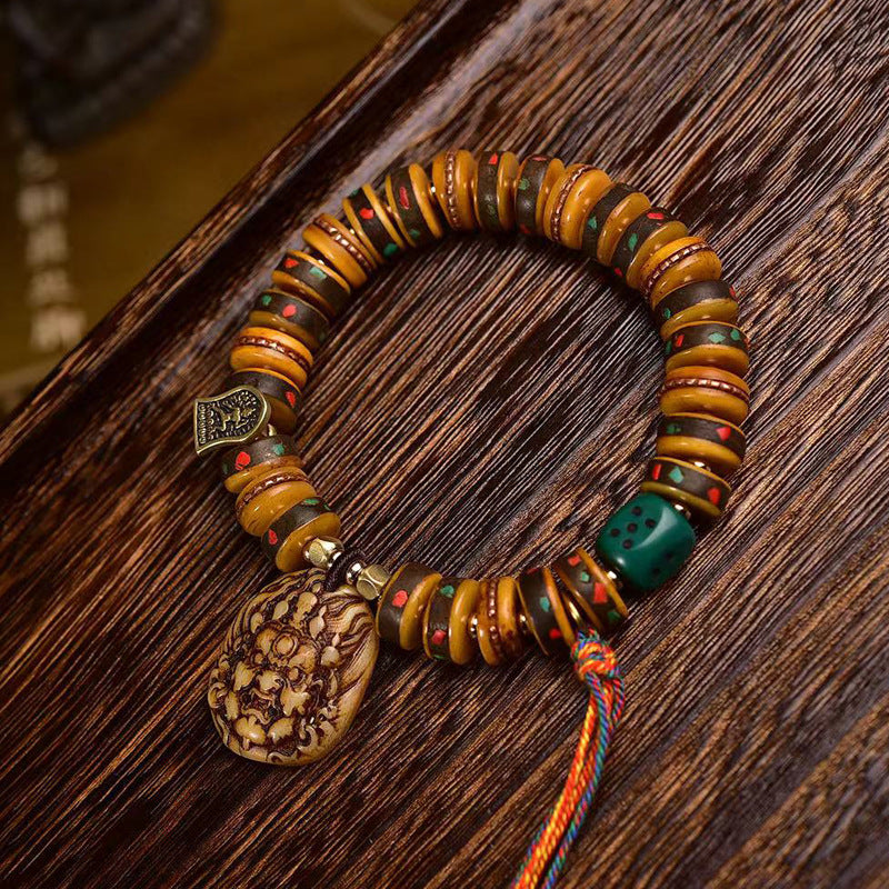 Tibetan Camel Bone Disc Bead Bracelet | Vintage Inlaid Copper & Turquoise Mala, Antique Retro Bone Prayer Bracelet for Men & Women