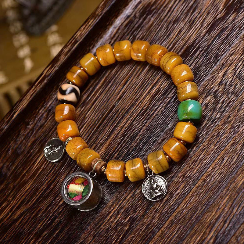 Tibetan Vintage Camel Bone Mala Bracelet | Dzi Bead, Agate & Fox Bone Charm, Single Loop Prayer Bracelet 10*8mm