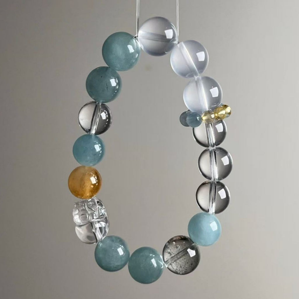 Natural Aquamarine Clear Quartz Pixiu Bracelet - View 1