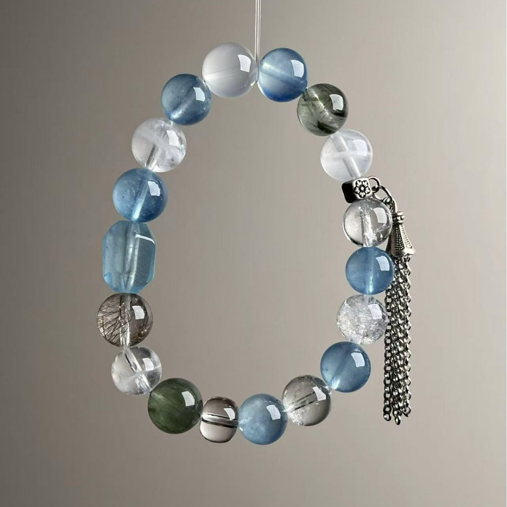 Natural Aquamarine Multi-Stone Bracelet 10mm with Vintage Tassel Charm - View 1