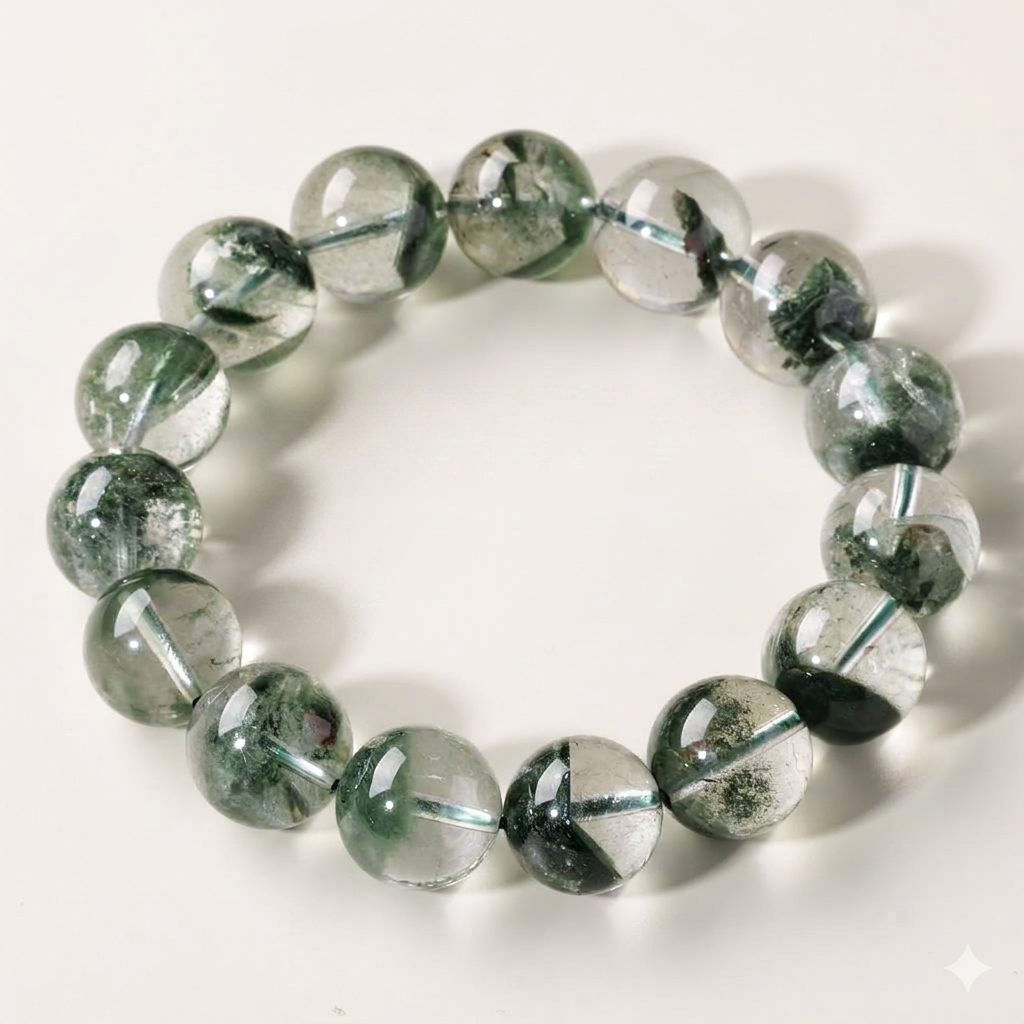 Dansenmonk Natural 7A Grade Green Phantom Quartz Bracelet – Treasure Bowl Phantom Crystal Bead Bangle