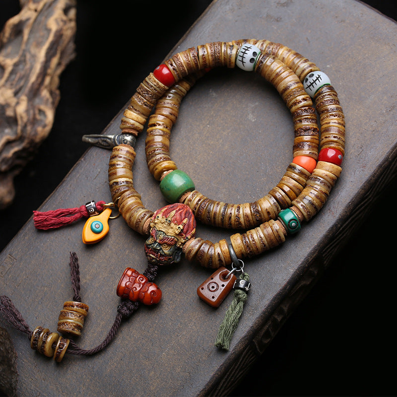 Dansenmonk Vintage Tibetan Camel Bone 108 Mala Bracelet with Mahakala Guru Bead, Root Carving & Yak Bone Pendants