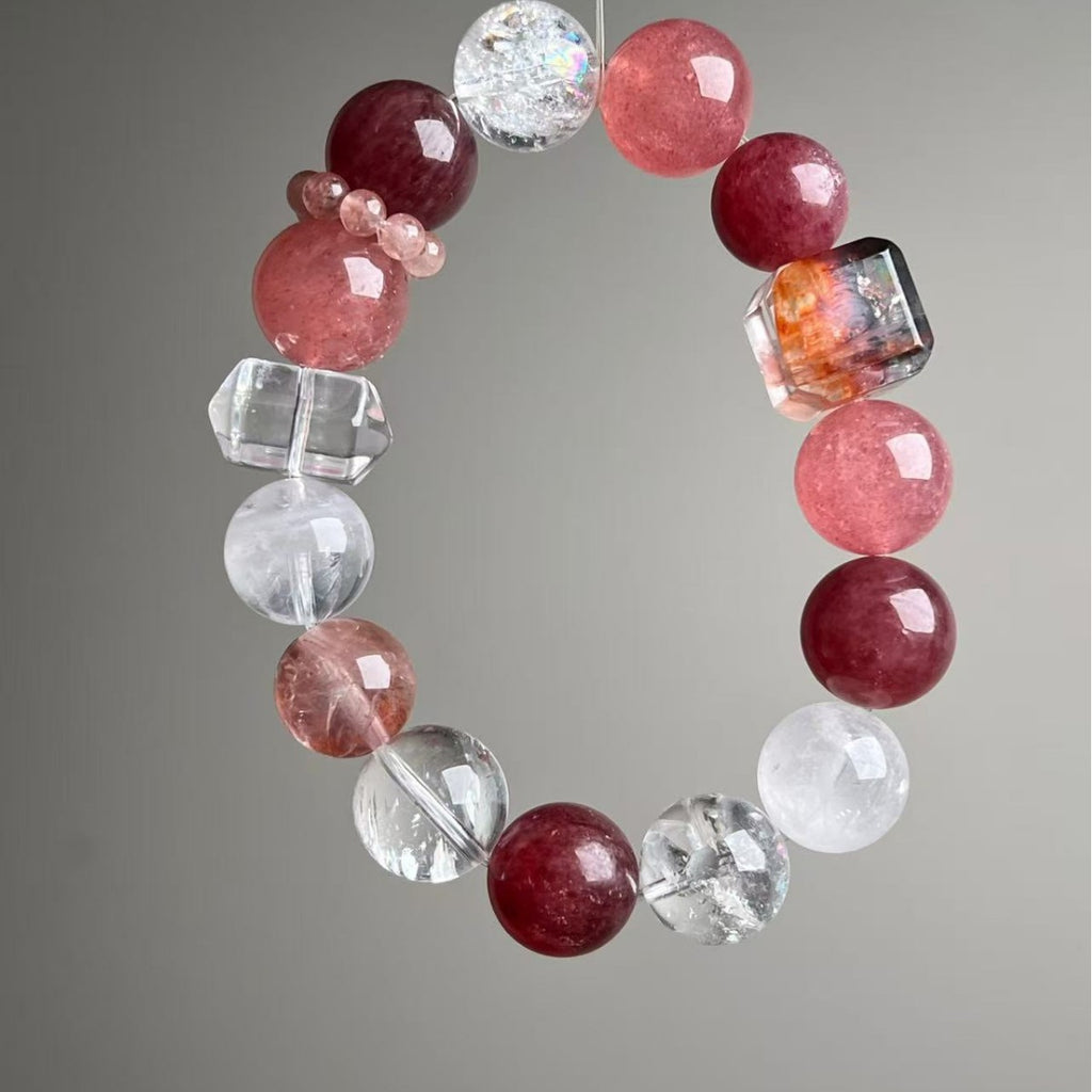 Dansenmonk Natural Red Phantom Strawberry Quartz Bracelet 12-14mm Cherry-Red Mixed Crystal Bracelet, Love Attraction Healing Crystal Jewelry for Women