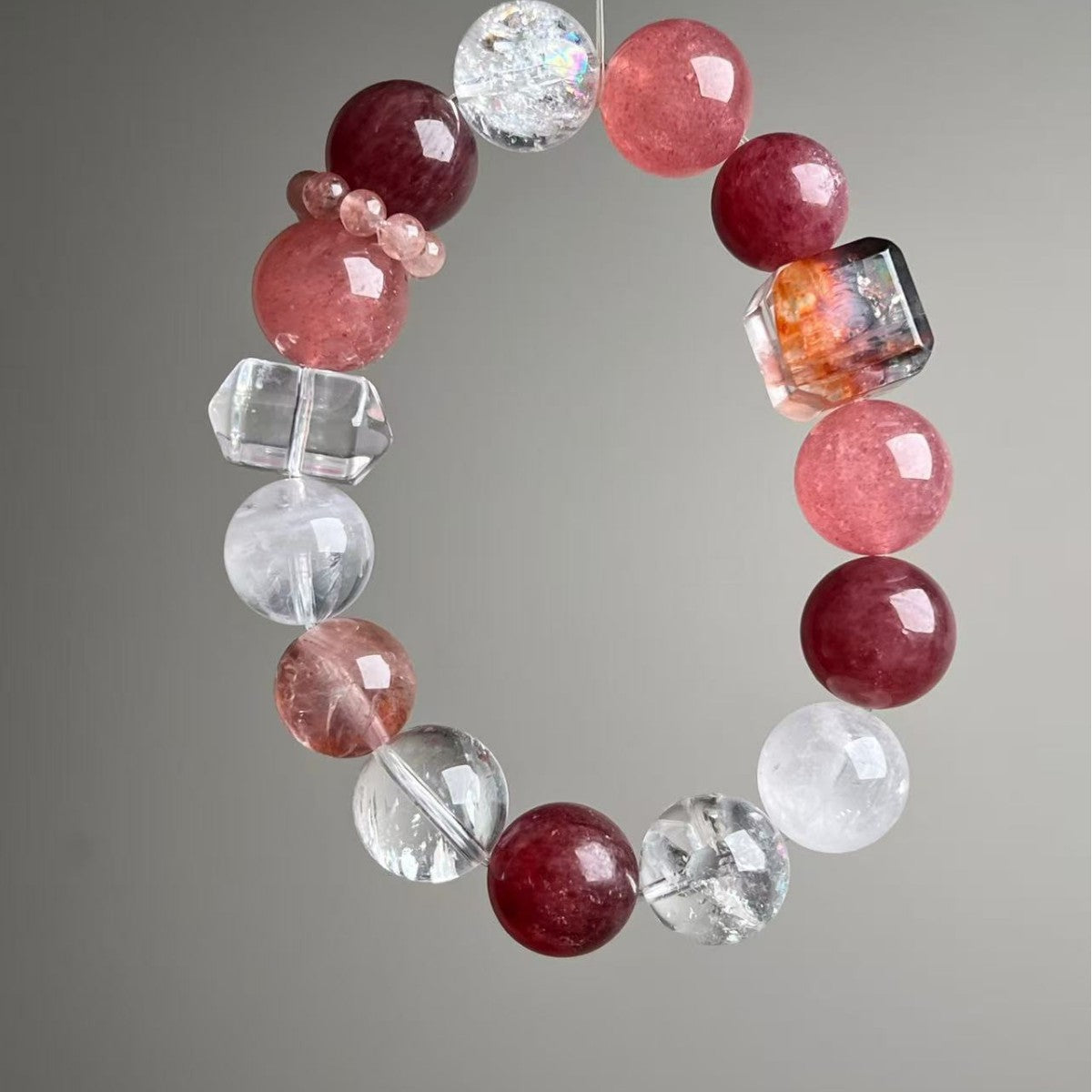 Dansenmonk Natural Red Phantom Strawberry Quartz Bracelet 12-14mm Cherry-Red Mixed Crystal Bracelet, Love Attraction Healing Crystal Jewelry for Women