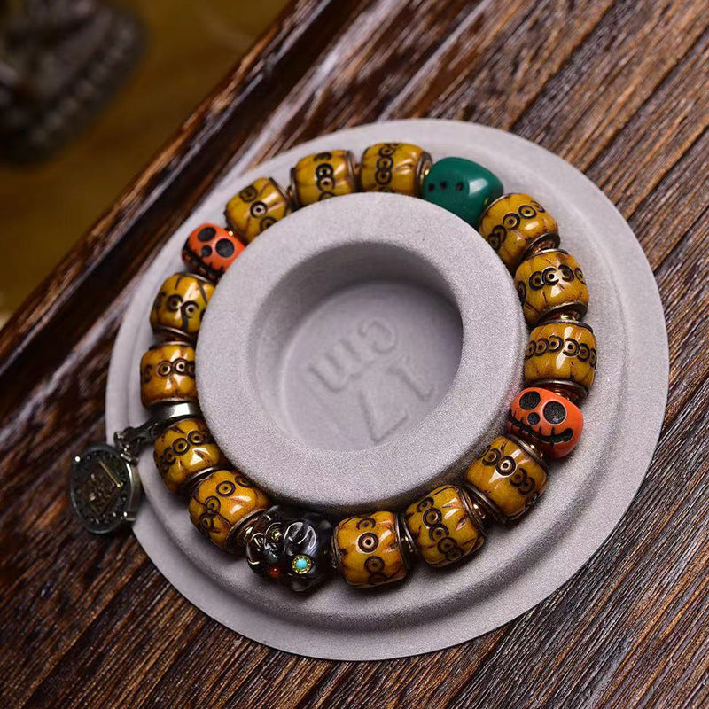 Tibetan Collected Yak Bone Barrel Bead Bracelet, Hand Carved Citipati Skull Mala with Silver Inlay, Vintage Himalayan Single Loop Prayer Bracelet
