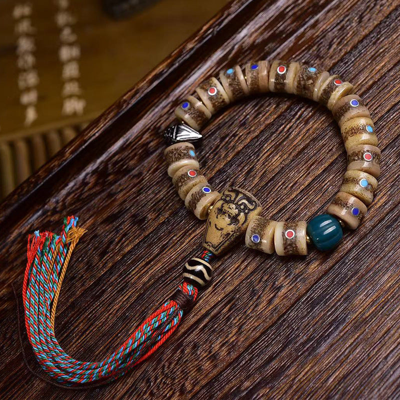 Tibetan Vintage Yak Bone Single Loop Bracelet, Barrel Beads with Multi-Color Stone & Silver Inlay, Himalayan Reclaimed Bone Mala with Tassel
