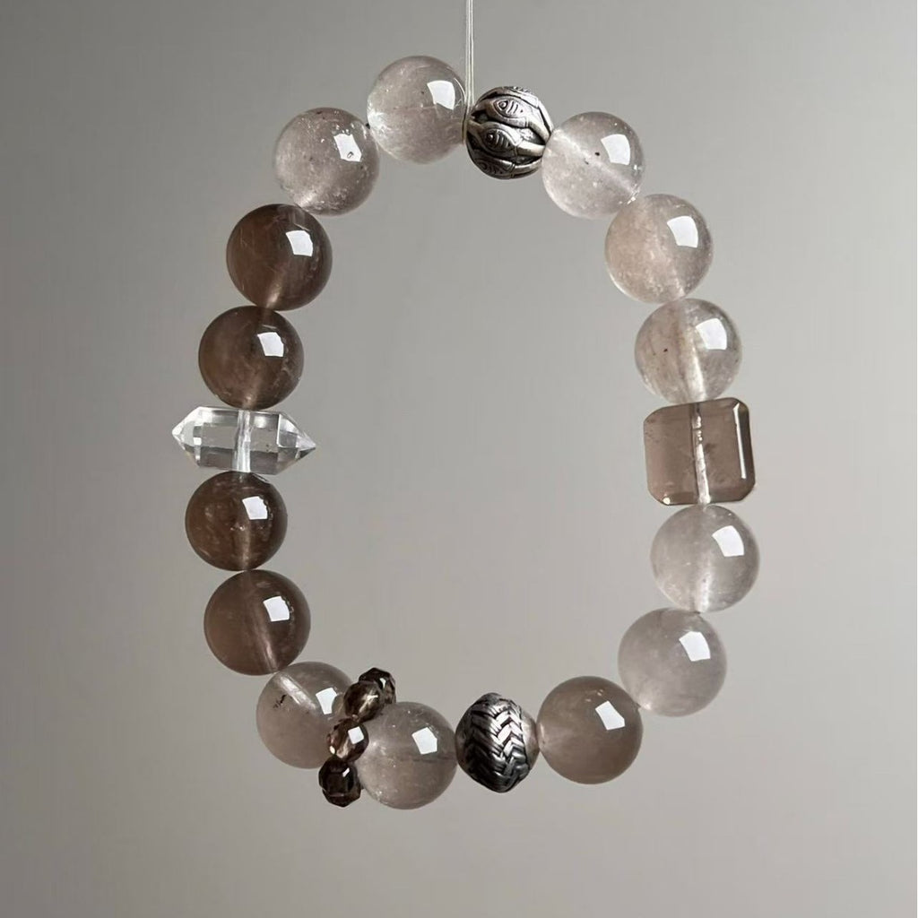 Vintage Grey Rabbit Hair & Smoky Quartz Crystal Bracelet - View 1