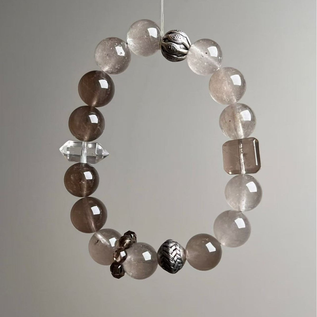 Vintage Grey Rabbit Hair & Smoky Quartz Crystal Bracelet - View 1
