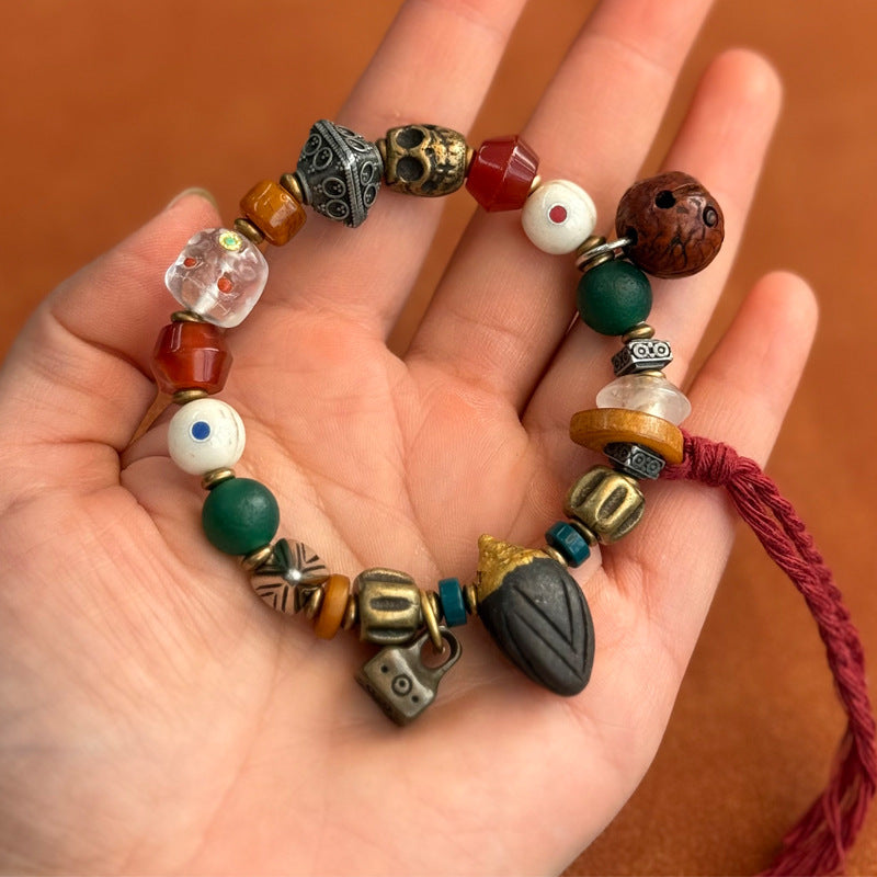 Dansenmonk Tibetan Vintage Returned Bone Multi-Gem Bracelet | 16 Beads Handcrafted Yak Bone & Camel Bone Mala