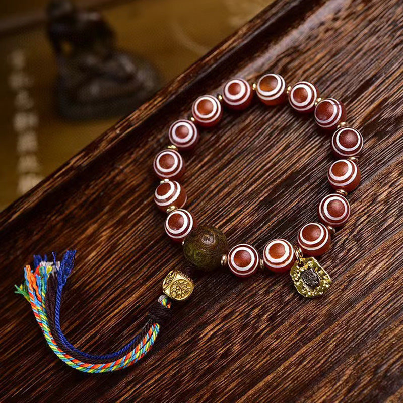 Natural Agate Medicine Buddha Eye Dzi Bead Bracelet | Tibetan Style Vintage Prayer Mala Single Strand