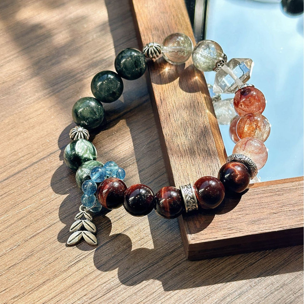 Dansenmonk Handmade Mixed Natural Crystal Bracelet  Green Rutilated Red Tiger Eye Red Phantom Green Chlorite Aquamarine Multi-Stone Healing Bracelet Premium Unique Spiritual Jewelry Gift