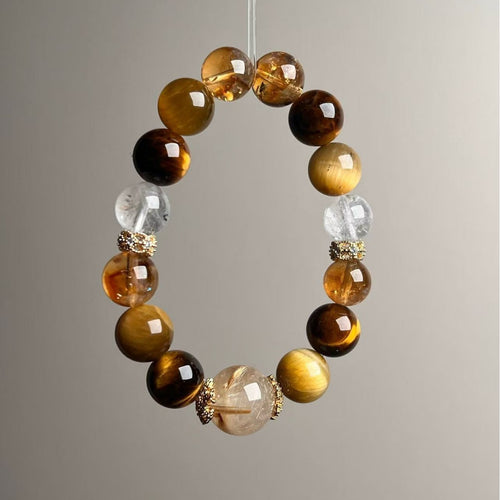Natural Rutilated Quartz Citrine & Tiger Eye Wealth Bracelet - Front View